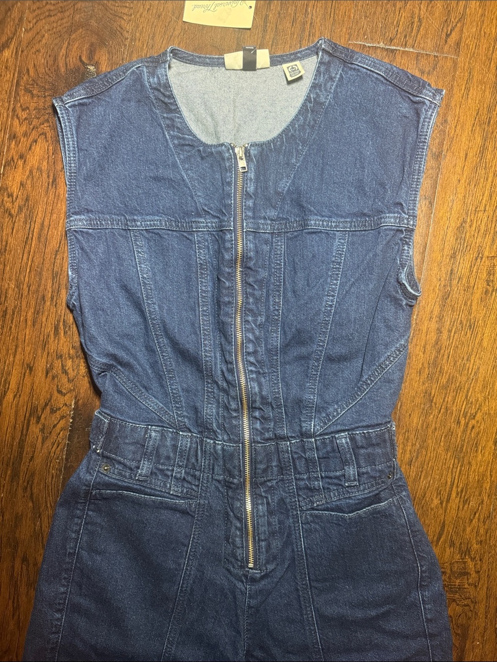 Universal Thread Blue Denim‎ Sleeveless Zip Jumpsuit Pockets Adjustable Waist 4 - Picture 2 of 12